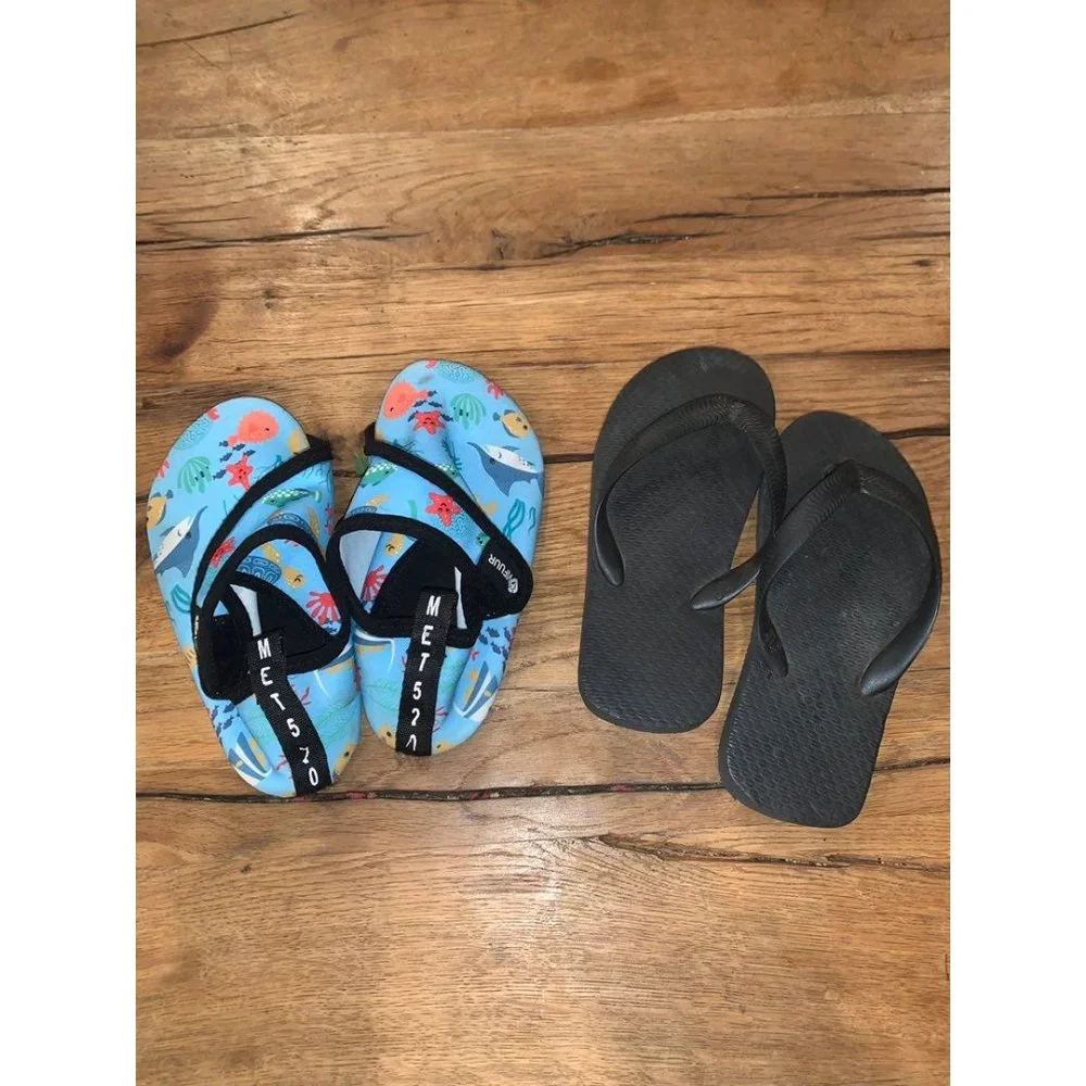 Kids boys child size 10 summer shoes swim sock flipflop bundle